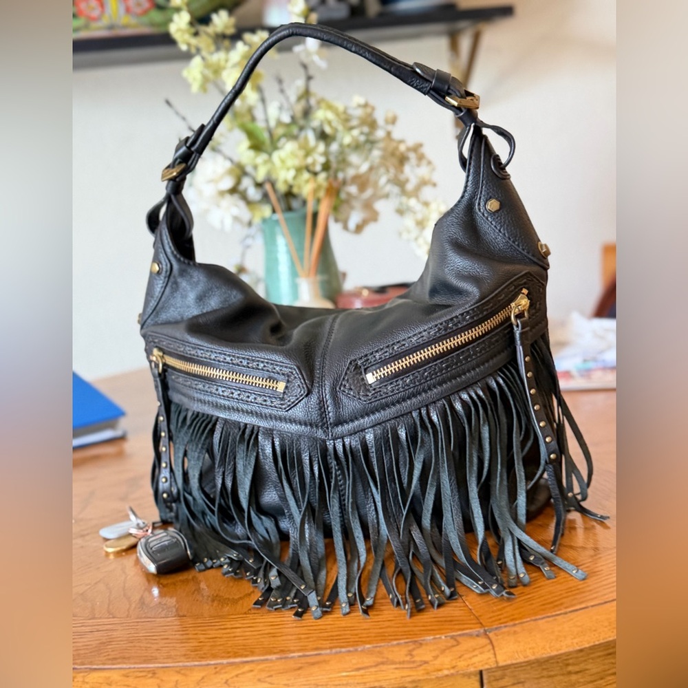 orYANY Black Leather Fringe Hobo with Gold Hardware